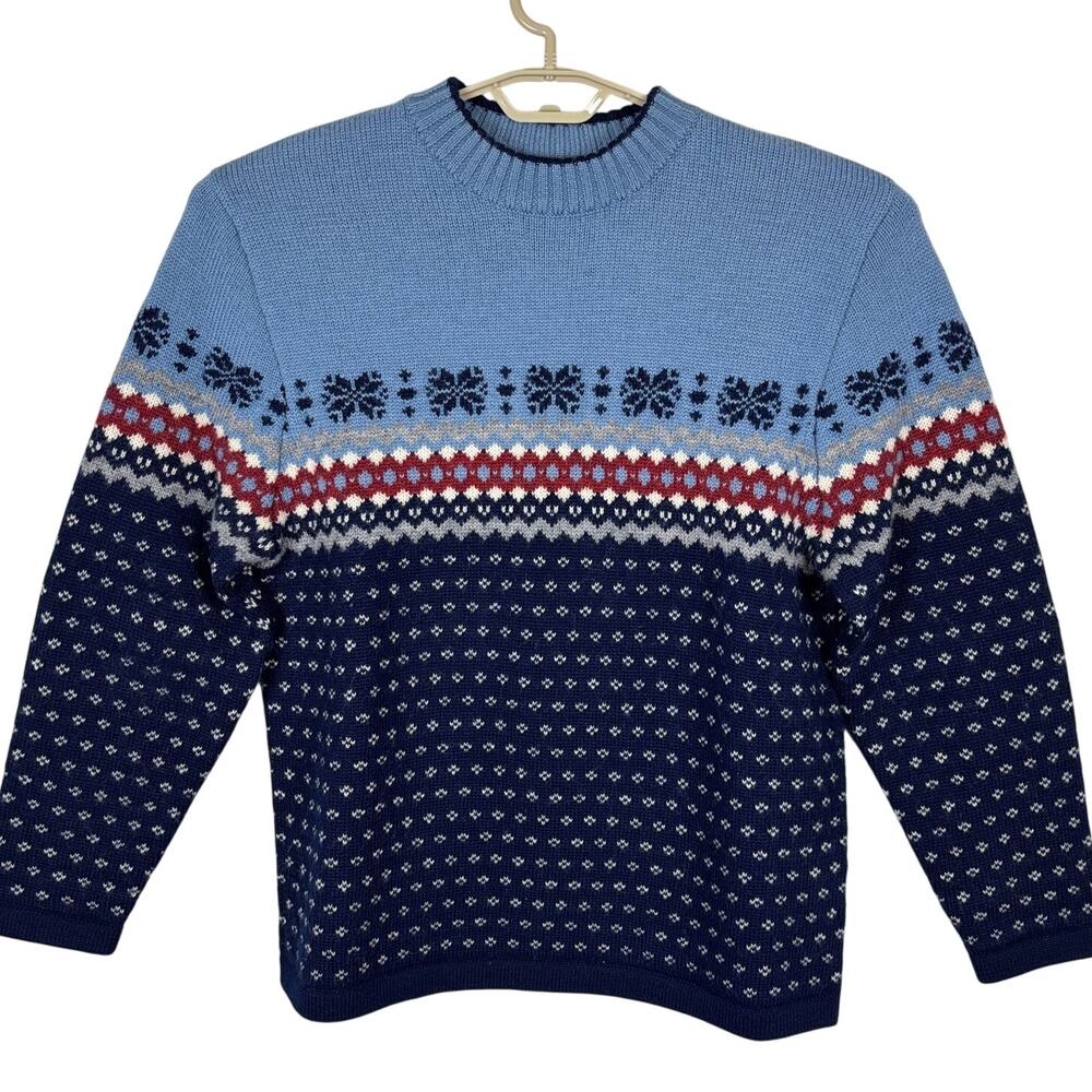 VINTAGE Lands' End crewneck sweater Medium blue fair isle 100% wool nordic